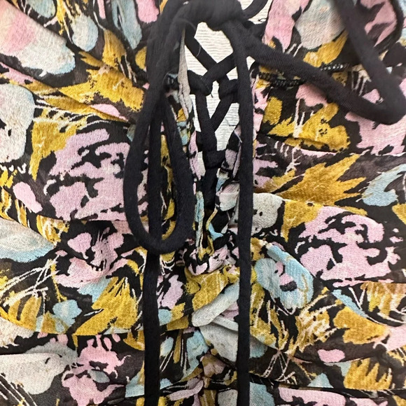 Free People Sz S Mabel Floral Printed Boho Ruched Tie Front Smocked Back Top - Picture 4 of 7
